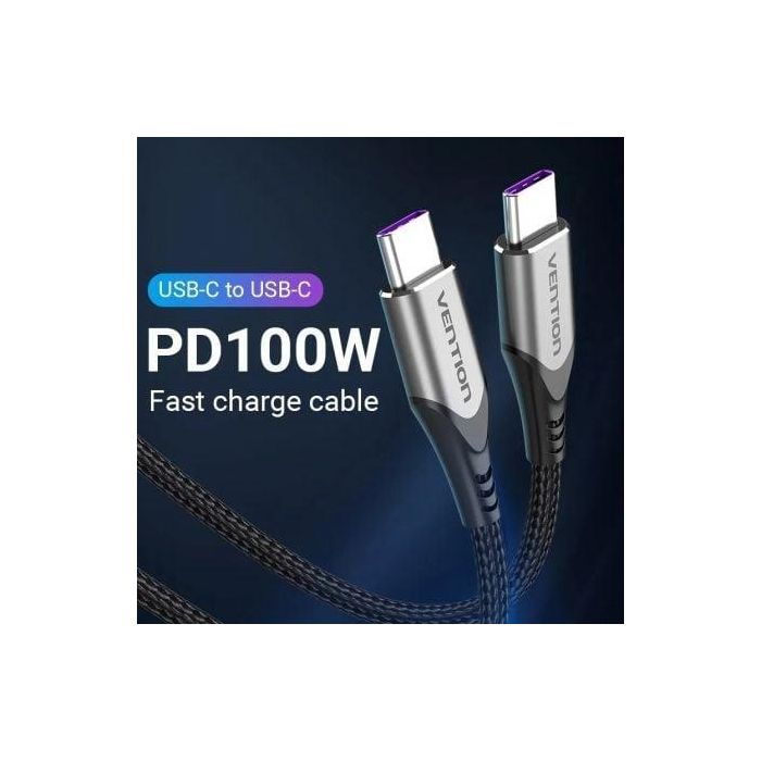 Cable USB 2.0 Tipo-C 5A 100W Vention TAEHH/ USB Tipo-C Macho - USB Tipo-C Macho/ Hasta 100W/ 480Mbps/ 2m/ Gris 1