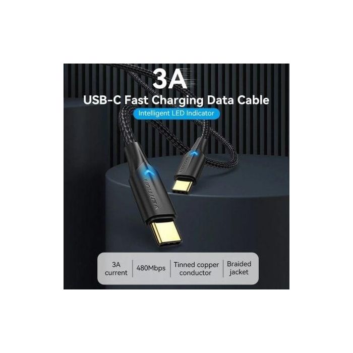 Cable USB 2.0 Tipo-C 3A Vention TAUBD/ USB Tipo-C Macho - USB Tipo-C Macho/ Hasta 60W/ 480Mbps/ 50cm/ Negro 1