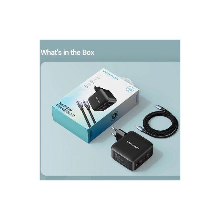 Cargador Gan de Pared Vention FEIB0-EU/ 3xUSB Tipo-C + Cable USB Tipo-C/ 1xUSB/ 140W 3