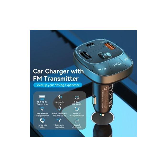 Transmisor FM/ MP3/ Bluetooth Vention FFLB0/ 1xUSB-Tipo C/ 2xUSB/ 30W 3