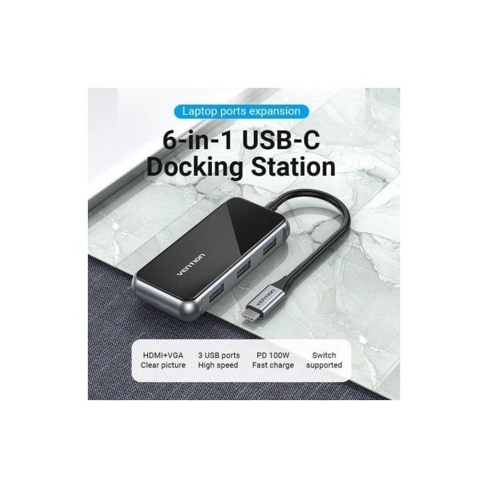 Docking USB Tipo-C Vention TFJHB/ 1xHDMI 4K/ 3xUSB/ 1xVGA/ 1xUSB Tipo-C PD/ Gris 1