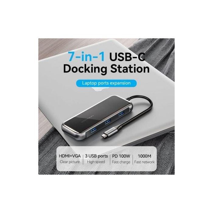 Docking USB Tipo-C Vention TFKHB/ 1xHDMI 4K/ 3xUSB/ 1xRJ45/ 1xVGA/ 1xUSB Tipo-C PD/ Gris 1