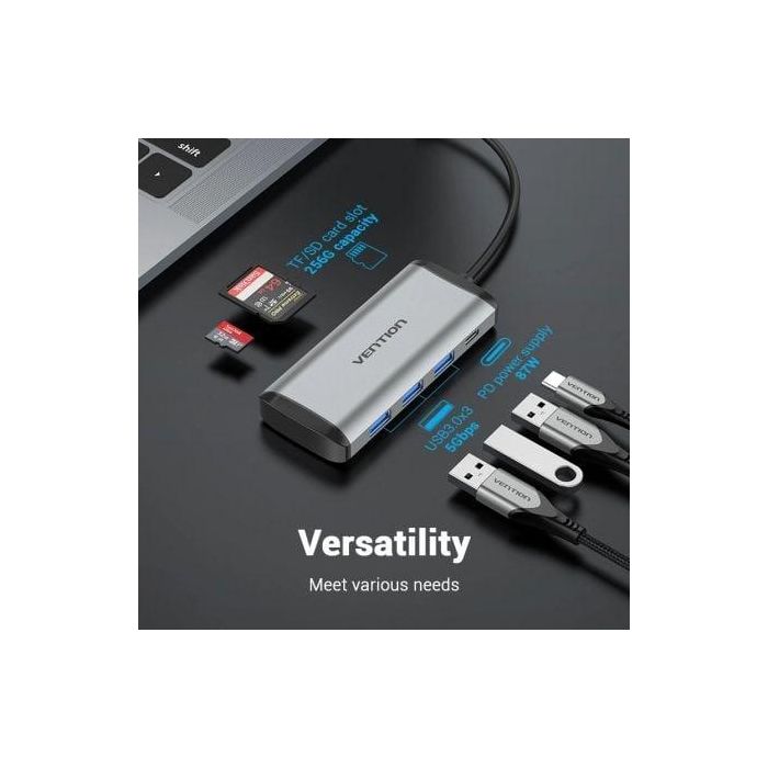 Docking USB Tipo-C Vention TGRHB/ 3xUSB/ 1xLector Tarjetas/ 1xUSB Tipo-C PD/ Gris 1
