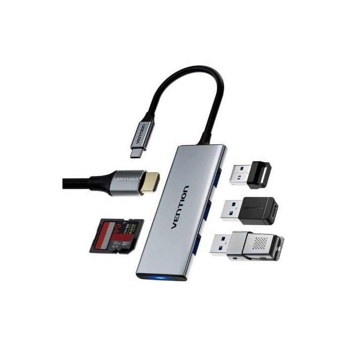 Docking USB Tipo-C Vention TOPHB/ 1xHDMI/ 3xUSB/ 1xLector Tarjetas SD y MicroSD/ Gris 1
