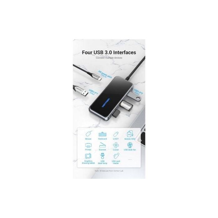 Hub USB Tipo-C Vention TFDHB/ 4xUSB/ 1xUSB Tipo-C PD/ Gris 4