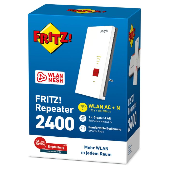 AVM Repeater 2400 WLAN, Repetidor de Red Inalámbrico y por Cable, 1733 Mbit/s, Blanco