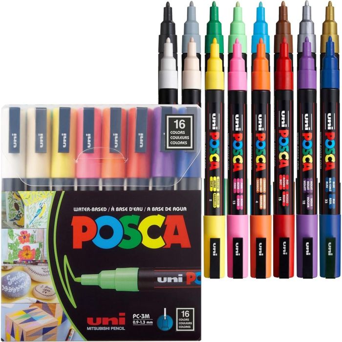 POSCA Rotulador PC-3M Set 16 Colores Surtidos Base Agua Punta Redonda para Madera, Metal, Vidrio, Plástico, Tela