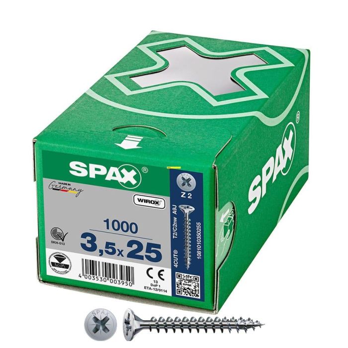 Spax Tornillo universal cabeza plana wirox 3,5x25mm rosca completa, ranura en cruz z2, 4cut - Caja 1000 unid. Spax Tornillo universal cabeza plana wirox 3,5x25mm rosca completa, ranura en cruz z2, 4cut - Caja 1000 unid.