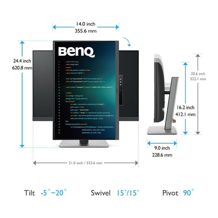 BenQ RD240Q 9H.LLXLA.TBE Monitor 24.1" IPS WQXGA (2560 x 1600), 95% P3, USB-C PD90W, 16:10 HDR10 para Programación