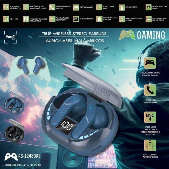 SAMI Auriculares GAMING Inalámbricos TWS con Pantalla LCD, Azul, Silicona, Batería 40mAh