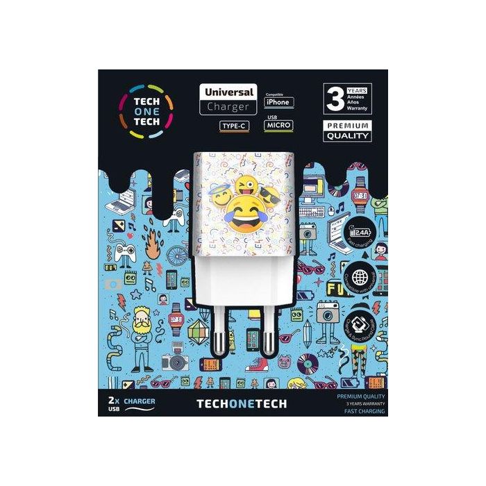 Cargador Tech-One-Tech Doble De Pared 2Xusb Emojitech Smile Alto Rendimiento 2,4A