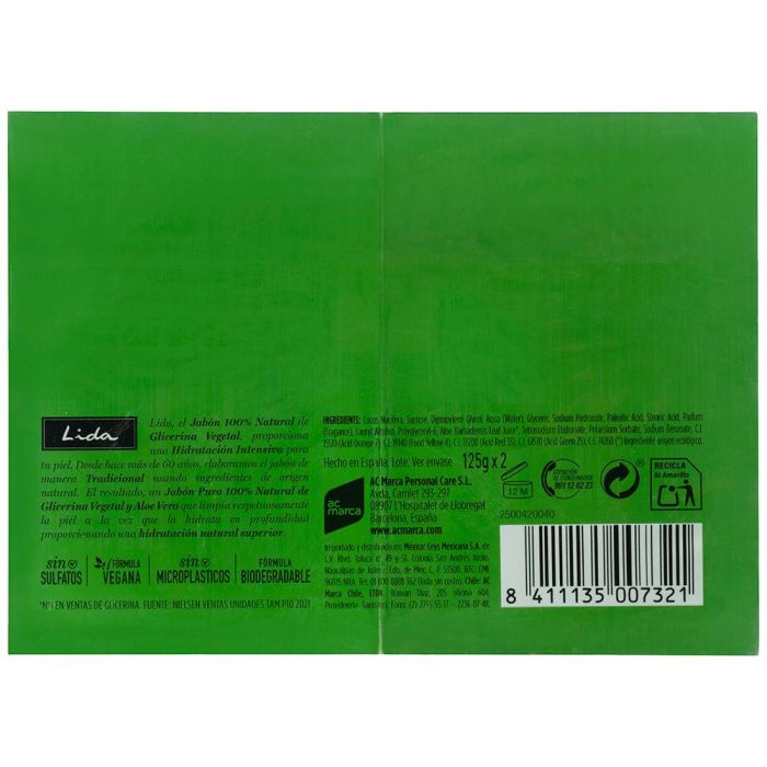 Lida Jabón 100% Natural Glicerina y Aloe Vera Lote 2 x 125 gr