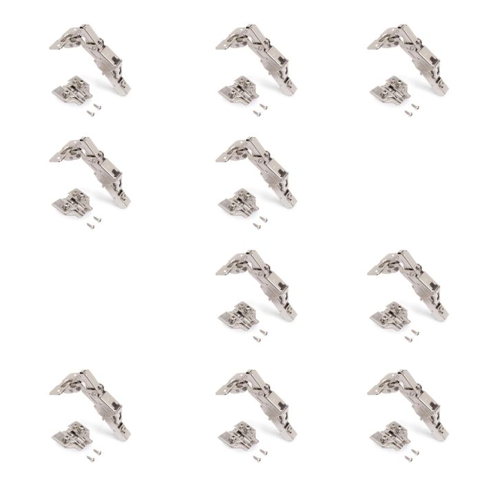 Emuca Lote de 10 bisagras rectas X91 apertura 165 grados con cierre suave y suplementos Euro, Altura 0, Acero, Niquelado