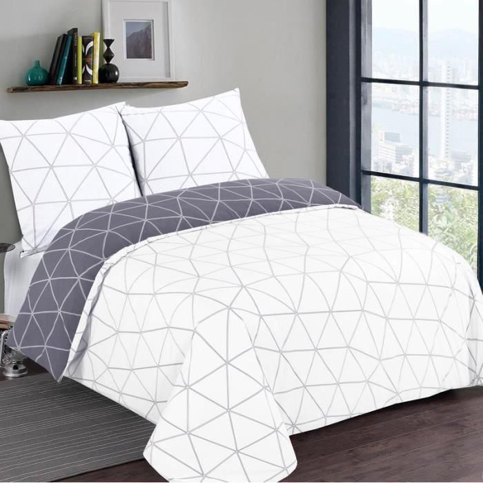 VISION - Juego de cama reversible HUGO gris - 100% Algodón - 1 funda nórdica 260x240cm + 2 fundas de almohada 65x65cm - Gris-blanco 1