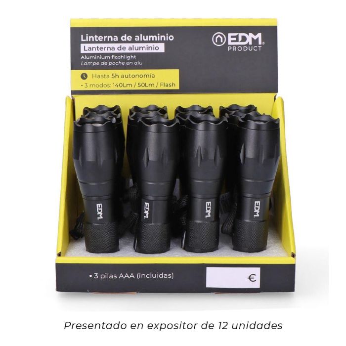 Edm Linterna de aluminio con zoom, 1 LED, 3 modos de luz (140lm/50lm/flash), 3W, 6500K, hasta 5h autonomía, 3xAAA incluidas 5 Edm Linterna de aluminio con zoom, 1 LED, 3 modos de luz (140lm/50lm/flash), 3W, 6500K, hasta 5h autonomía, 3xAAA incluidas 5