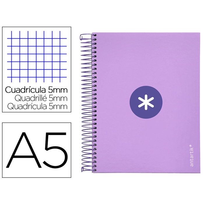 Antartik Cuaderno espiral A5, 120 hojas, 90 gr, cuadro 5mm, tapa forrada, color lavanda 0 Antartik Cuaderno espiral A5, 120 hojas, 90 gr, cuadro 5mm, tapa forrada, color lavanda 0