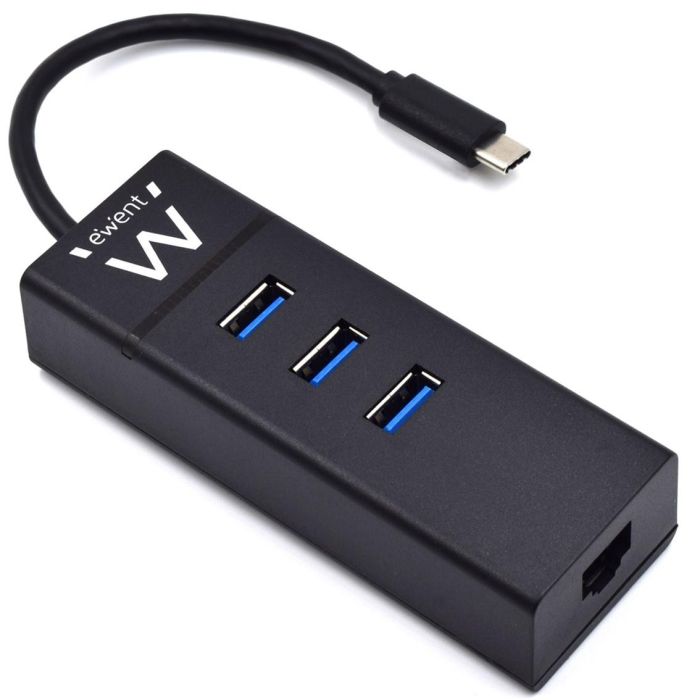 Ewent EW1141 Hub USB 3 Puertos 3.1 Gen1 Tipo C con Puerto Gigabit LAN, Negro