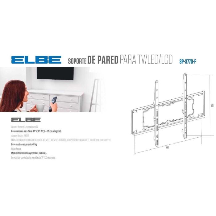 Soporte de Pared Fijo ELBE SP-3770-F para TV 37'-70' (Max. 40Kg) - Compatible VESA, Negro 2 Soporte de Pared Fijo ELBE SP-3770-F para TV 37'-70' (Max. 40Kg) - Compatible VESA, Negro 2