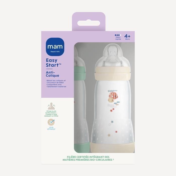 MAM 9001616836411 Juego de 2 Biberones Easy Start Anticólico Clásico 320ml, con Tetinas Caudal 3, Menta y Algodón 1