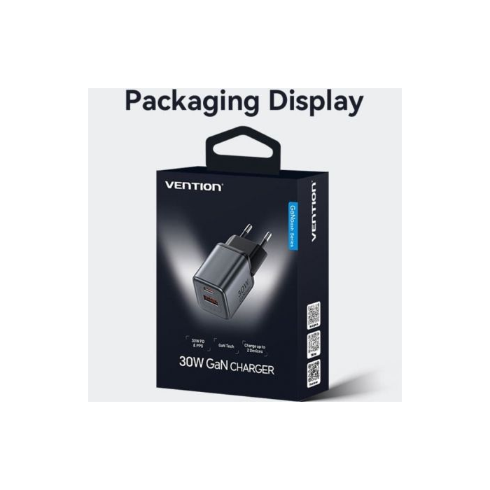Cargador de Pared GaN Vention FEWH0-EU/ 1xUSB Tipo-C/ 1xUSB/ 30W 4 Cargador de Pared GaN Vention FEWH0-EU/ 1xUSB Tipo-C/ 1xUSB/ 30W 4