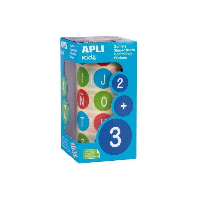 Apli Rollo Gomets Abecedario Mayúsculas Redondos 20 mm - 900 Gomets, 3 Colores, Adhesivo Removible