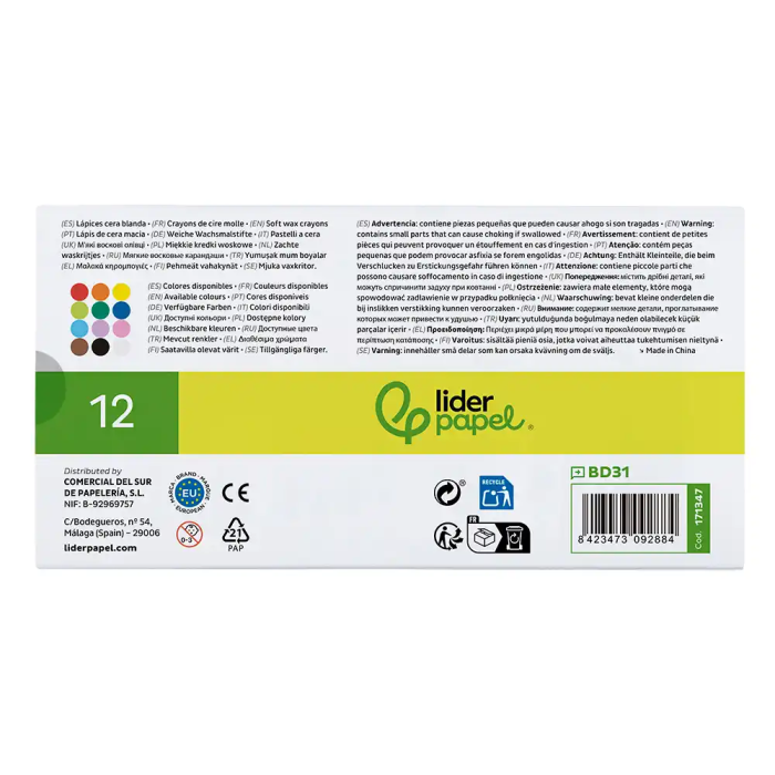 Liderpapel Lápices de Cera Blanda Redonda Caja de 12 Unidades Colores Surtidos 2