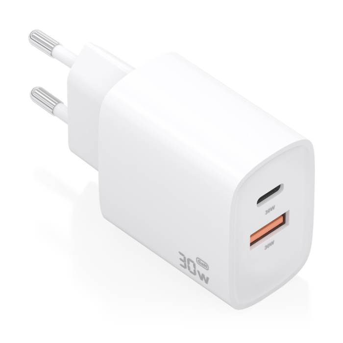 Aisens A110-0952 Cargador de pared GaN 30W con 1xUSB Tipo-C PD3.0 QC4.0 y 1xUSB-A QC3.0, para portátiles/móviles, Blanco