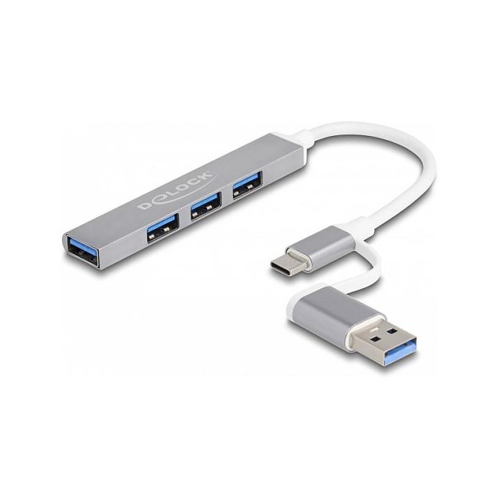 DeLOCK Hub USB 3.2 Gen 1 de 4 Puertos (3x USB 2.0 + 1x USB 5 Gbps), Conexión USB Tipo-A o Tipo-C, Plug & Play, Plata 0 DeLOCK Hub USB 3.2 Gen 1 de 4 Puertos (3x USB 2.0 + 1x USB 5 Gbps), Conexión USB Tipo-A o Tipo-C, Plug & Play, Plata 0