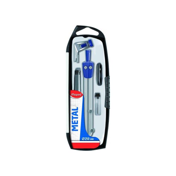Maped Compás Start Escolar con Portaminas 0.5 mm y Accesorios – Estuche de 5 Piezas Metálicas para Dibujo Técnico y Geometría
