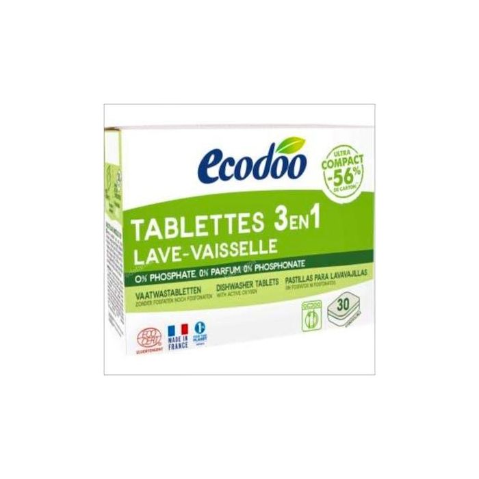 ECODOO Lavavajillas Tabletas 3 en 1, 30 Ud. Concentradas y Eficaces, 96% Origen Natural