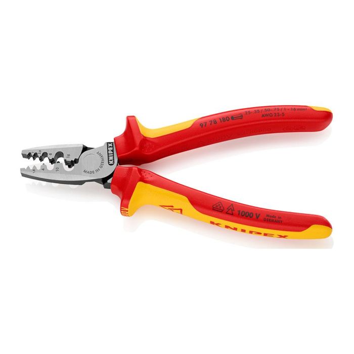 Knipex 9778180 Alicates para entallar punteras, crimpado seguro en 9 mordazas, acero especial, 180x56x28mm, para electricidad 1 Knipex 9778180 Alicates para entallar punteras, crimpado seguro en 9 mordazas, acero especial, 180x56x28mm, para electricidad 1