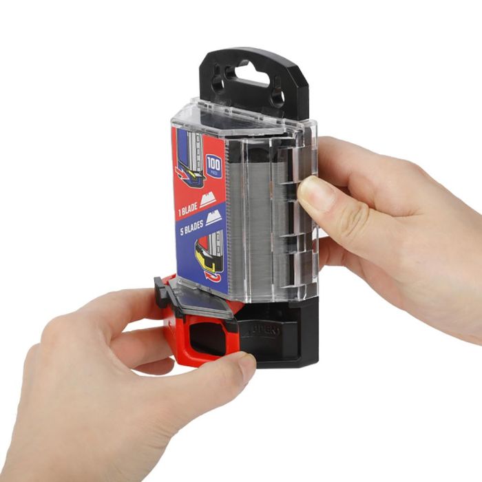 Workpro Cuchillas trapezoidales 100 unidades SK2, tratamiento térmico, compatibles con mayoría de cúter plegables, para cartón y plástico, incluye dos dispensadores 4