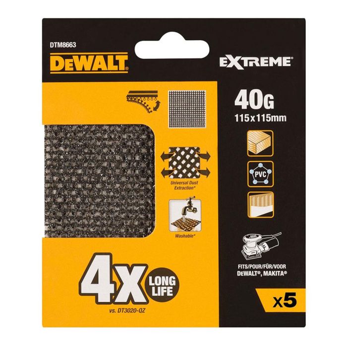 Pack 5 lijas de malla autoadherente 1/4 grano 40 para lijadoras orbitales 115x115mm dtm8663-qz dewalt Pack 5 lijas de malla autoadherente 1/4 grano 40 para lijadoras orbitales 115x115mm dtm8663-qz dewalt