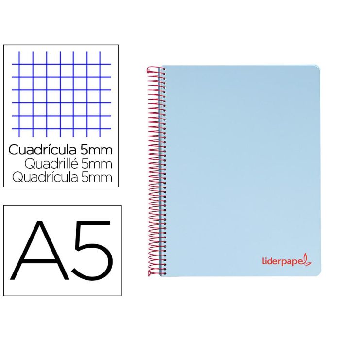 Cuaderno Espiral Liderpapel A5 Micro Wonder Tapa Plastico 120H 90 gr Cuadro 5 mm 5 Bandas 6 Taladros Color Celeste