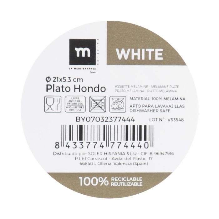 Plato Hondo Melamine White 21x5.3 cm La Mediterranea (24 Unidades) 1 Plato Hondo Melamine White 21x5.3 cm La Mediterranea (24 Unidades) 1