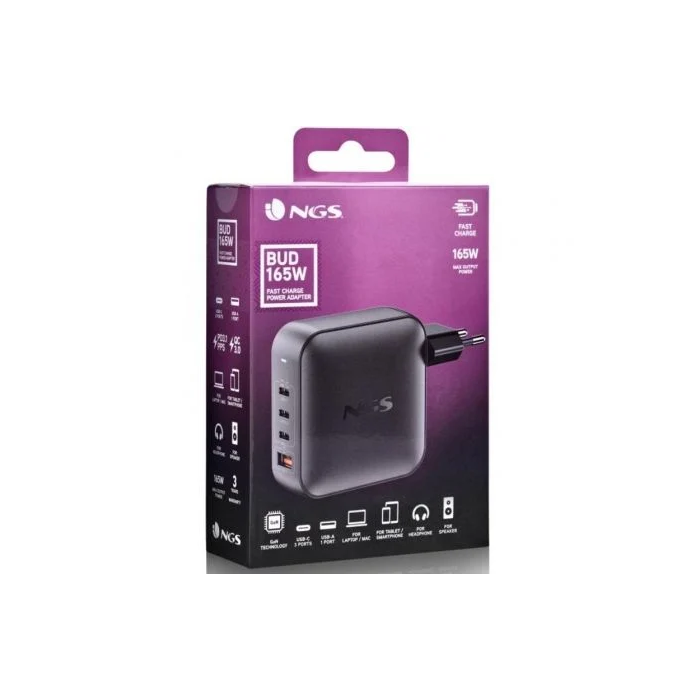 NGS Cargador Portátil BUD165W GaN 165W 3xUSB-C + 1xUSB-A Automático Voltaje 5-21V 4