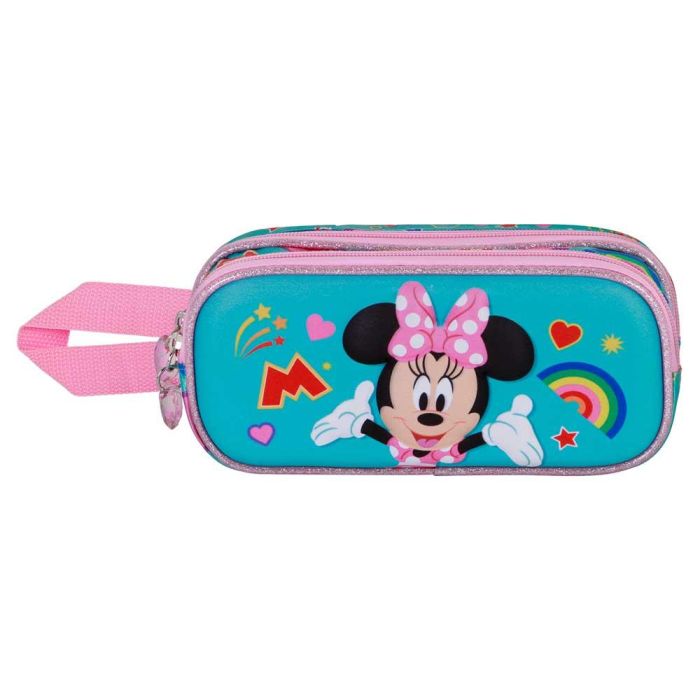 Disney Minnie Mouse Estuche Portatodo Escolar 3D Doble Compartimento con Cremallera y Relieve Frontal Turquesa, 8x22x10cm, 1.5L 1