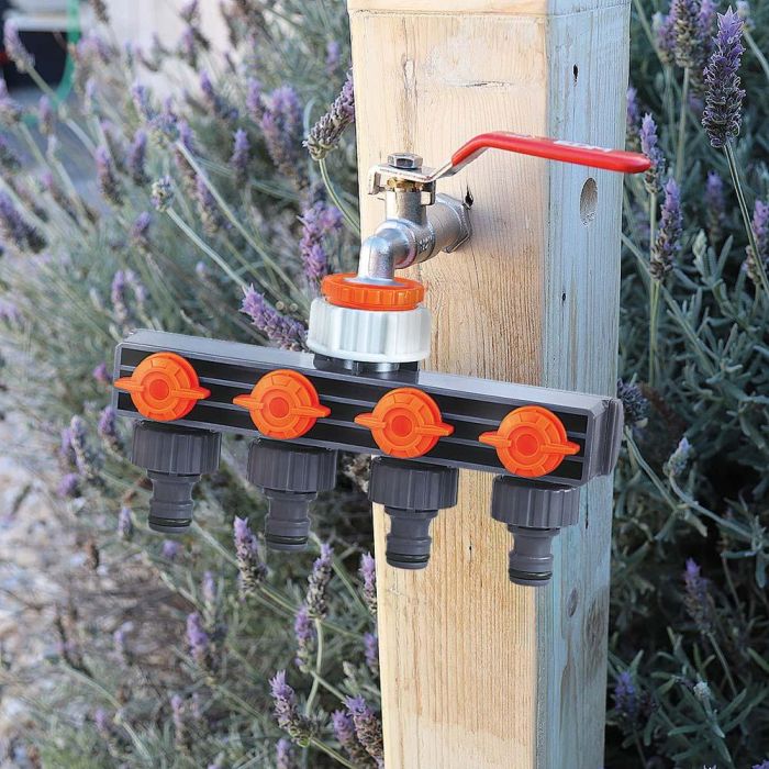 Edm Distribuidor de 4 vías 3/4" para grifo de jardín, polipropileno, anti UV y anti algas, gris/naranja 1