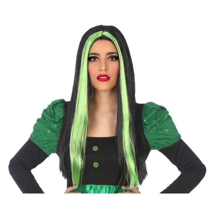 Peluca Vampiresa Verde Larga Lisa Morena Halloween para Adulto Accesorio