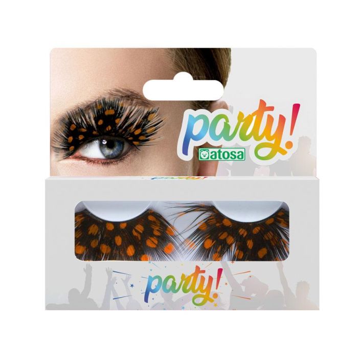 Pestañas Postizas de Plumas Naranjas con Puntos Negros - Estilo Fantasía para Disfraces y Carnaval