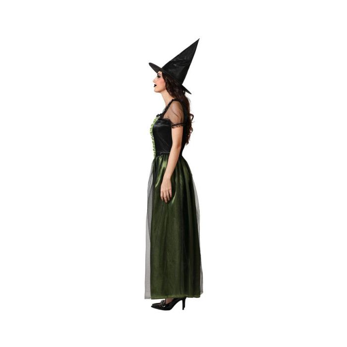 Disfraz Bruja Mujer Adulta Halloween Vestido Largo Verde Satinado Mangas Vaporosas Sombrero Puntiagudo Talla M-L Poliéster 1