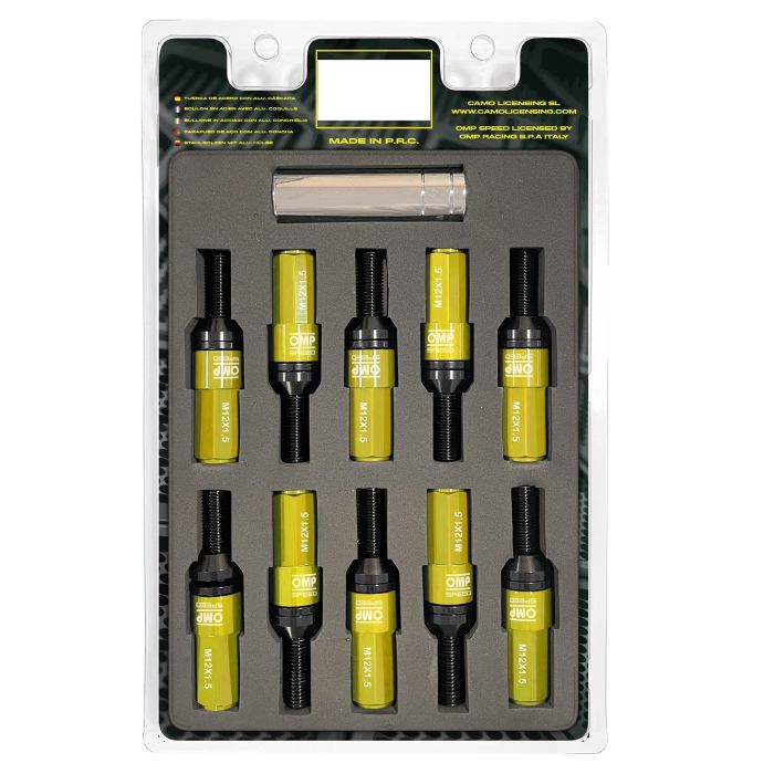 Omp OMPS09981209 Juego 20 Tornillos Rueda M12x1.5 Llave 17-19 Largo 28mm Aluminio 7075 DIN 12.9 Protector Amarillo