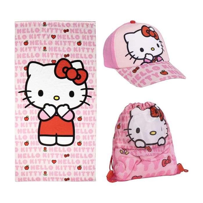 Hello Kitty Toalla de Playa y Baño con Gorra a Juego y Bolsa para Guardar, Color Rosa, Set Niños +3 Años - 33x27x7 cm
