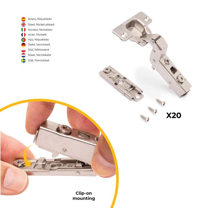 Emuca Lote de 20 bisagras supercodo X91 con cierre suave y suplemento recto para atornillar, Altura 1, Acero, Niquelado 3