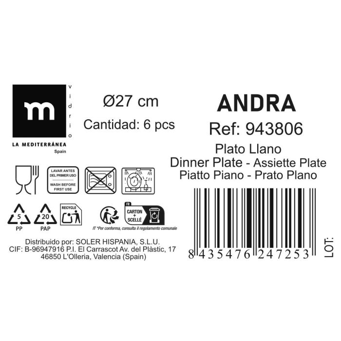 La Mediterranea Plato Llano Andra Ø 27 cm (24 Unidades)
