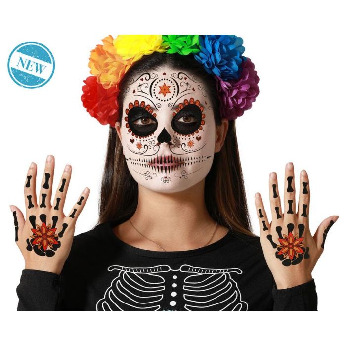 Tatuajes Faciales Y Manos Calavera Mexicana Negra Y Roja Para Halloween