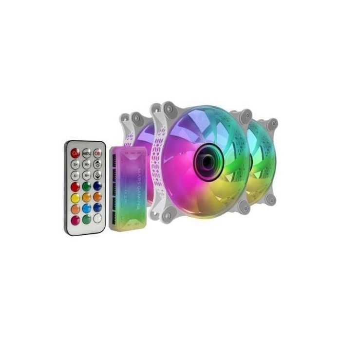 Mars Gaming MF-3DKITW Pack 3 Ventiladores 12cm ARGB Espejo Infinito 3D con HUB, Mando, Controlador Iluminado, Compatible PC Blanco