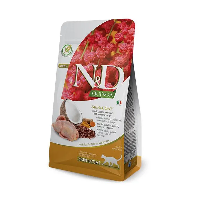 Farmina N&D Cat Quinoa Skin Coat Codorniz 300 gr - Alimento para gatos con codorniz, quinoa y cúrcuma para piel y pelo