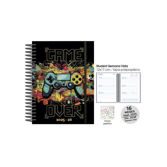 Agenda Anual (2025-26) Senfort 16 Meses Student Decorada Espiral Tapa Pp Con Goma 120X170 S/V Game Over