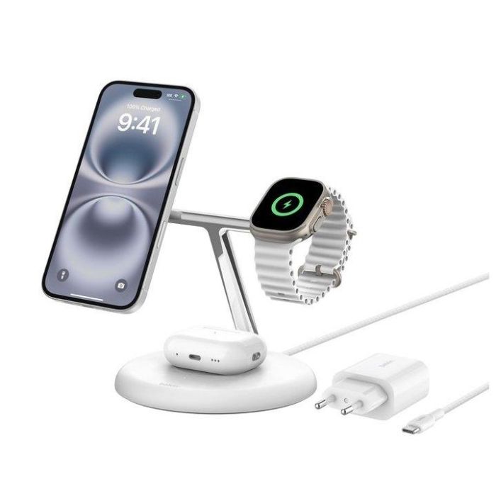 Belkin WIZ023VFWH Base de Carga Inalámbrica 3 en 1 Qi2 15W para iPhone, Apple Watch y AirPods, Blanco 2